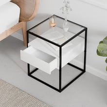 טען את התמונה לגלריה , שידת לילה יוקרתית המשלבת מתכת עץ וזכוכית בלבן