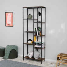 טען את התמונה לגלריה , ספריה מודרנית מדורגת לעיצוב הבית מדפים אגוז ומתכת מושחרת