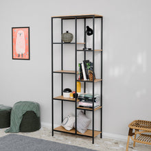 טען את התמונה לגלריה , ספריה מודרנית מדורגת לעיצוב הבית מדפים אלון ומתכת מושחרת