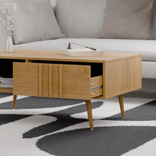 טען את התמונה לגלריה , שולחן סלון מעוצב בצבע אלון מגירה פתוחה מבט מקרוב