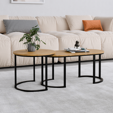 טען את התמונה לגלריה , זוג שולחנות סלון מעוצבים בשילוב מתכת ועץ אלון