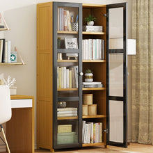 טען את התמונה לגלריה , יחידת אחסון עשויה עץ במבוק המשלבת 5 מדפי אחסון ודלתות שקופות