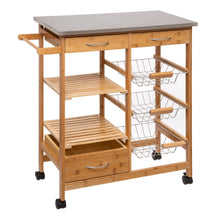 טען את התמונה לגלריה , עגלת בוצר למטבח מבמבוק משלבת מדפים ומשטח מנירוסטה