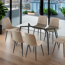 טען את התמונה לגלריה , פינת אוכל יוקרתית משלבת שולחן זכוכית 140 ס"מ ו-6 כיסאות מרופדים