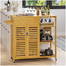 טען את התמונה לגלריה , עגלת אי למטבח מבמבוק משלבת ארונית אחסון, מדפים ומשטח בוצ'ר