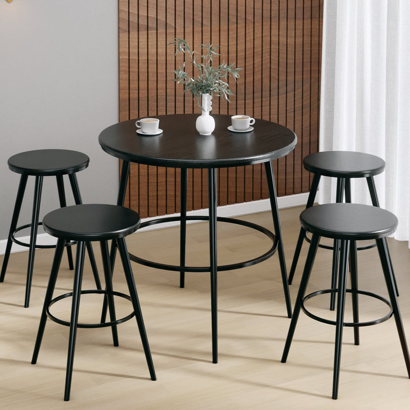החבילה המושלמת: שולחן בר עגול ו-4 כיסאות בר במראה עץ ומתכת מודרני בשני צבעים לבחירה