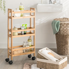 טען את התמונה לגלריה , עגלת אחסון ניידת שלושה מדפים עשויה מעץ במבוק חזק ועמיד