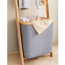 טען את התמונה לגלריה , סולם תלייה מעץ המשלב סל כביסה עשוי בד, 3 מוטות תלייה עשויים במבוק חזק