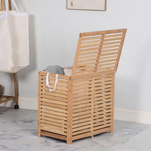 טען את התמונה לגלריה , סל כביסה מחולק ל-2 תאים עשוי במבוק המשלב סל מבד נשלף ומכסה לסגירה