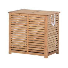 טען את התמונה לגלריה , סל כביסה מחולק ל-2 תאים עשוי במבוק המשלב סל מבד נשלף ומכסה לסגירה