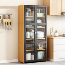 טען את התמונה לגלריה , יחידת אחסון עשויה עץ במבוק המשלבת 5 מדפי אחסון ודלתות שקופות