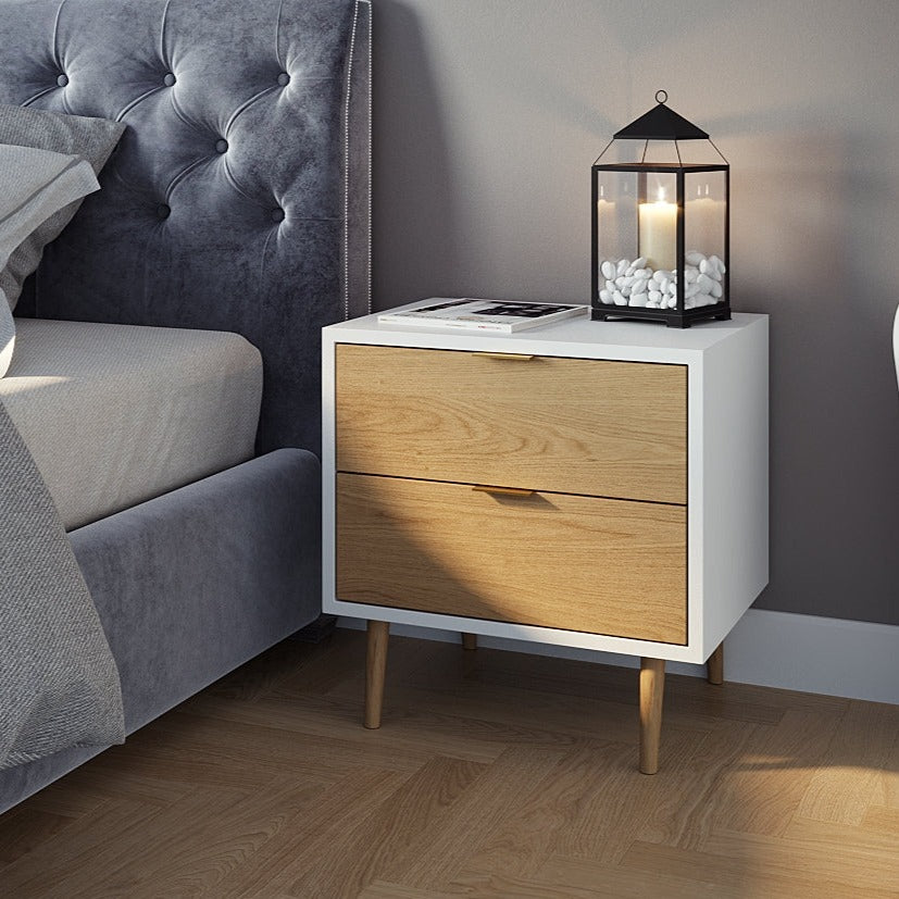 שידת צד בצבע לבן מגירות בצבע אלון