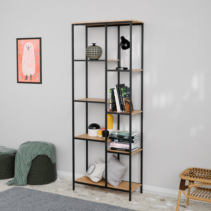 ספריה מודרנית מדורגת לעיצוב הבית מדפים אלון ומתכת מושחרת