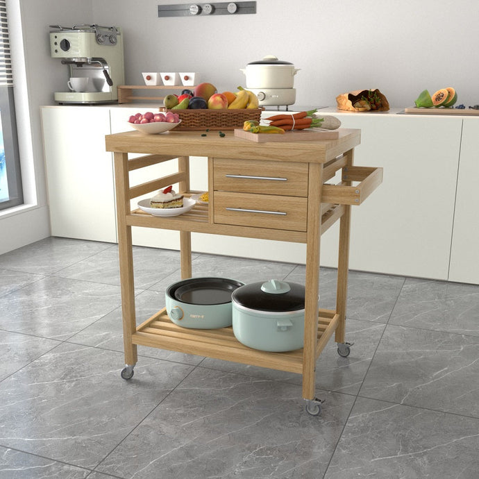 אי בוצר נייד למטבח עשוי עץ מלא, המשלב מדפי אחסון ומשטח בוצר