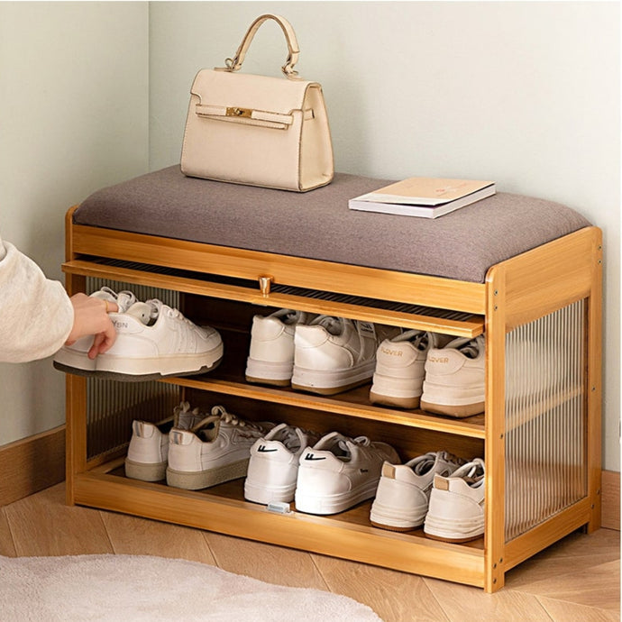 ספסל אחסון מעוצב ועשוי במבוק עם כרית ישיבה