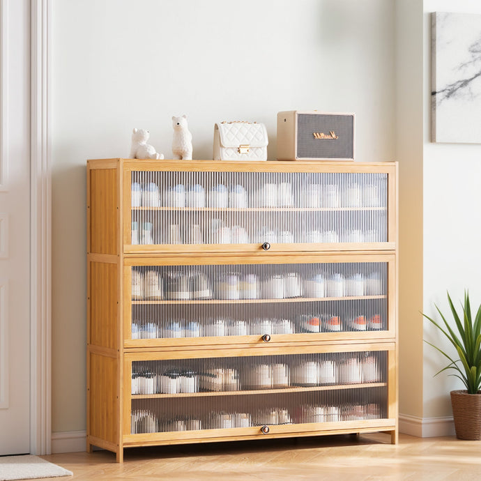 ארון אחסון לנעליים עשוי במבוק ודלתות אקריליק מתאים לכ36 זוגות