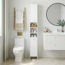 טען את התמונה לגלריה , ארונית שירות צרה המשלבת מדפים פתוחים וסגורים
