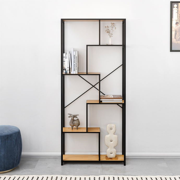 ספרייה מודרנית בשילוב מתכת ועץ