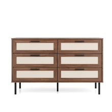 טען את התמונה לגלריה , שידת שש מגירות מודרנית דמוי ראטן באגוז
